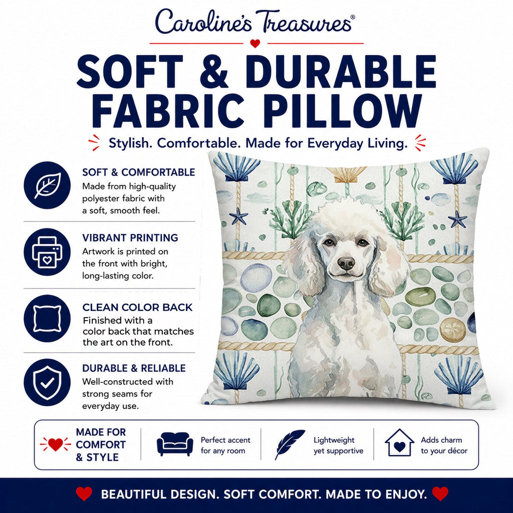 Standard White Poodle Coastal Sea Glass Decorative Throw Pillow 18x18 Indoor Outdoor Accent Cushion, Fabric Cover with Insert for Sofa, Bed, Porch & Living Room