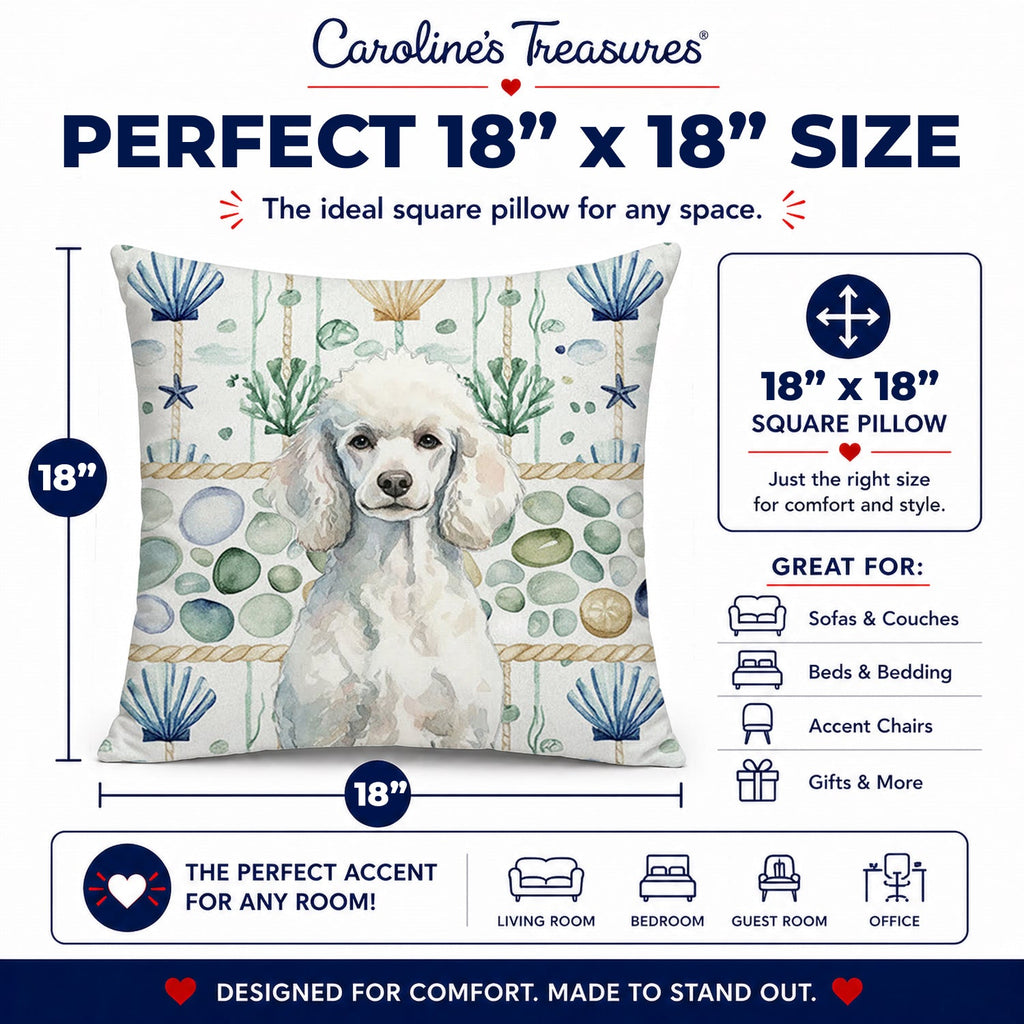Standard White Poodle Coastal Sea Glass Decorative Throw Pillow 18x18 Indoor Outdoor Accent Cushion, Fabric Cover with Insert for Sofa, Bed, Porch & Living Room
