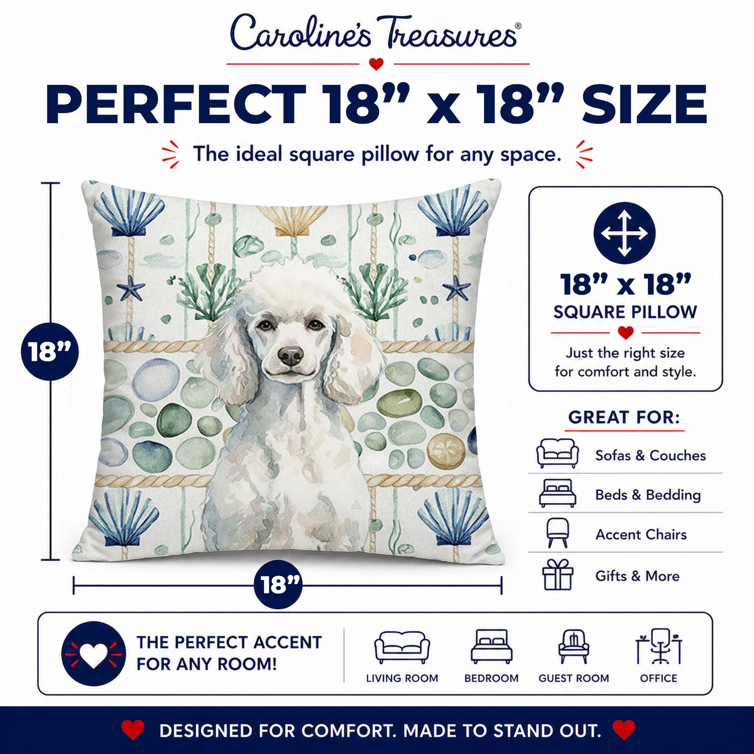 Standard White Poodle Coastal Sea Glass Decorative Throw Pillow 18x18 Indoor Outdoor Accent Cushion, Fabric Cover with Insert for Sofa, Bed, Porch & Living Room