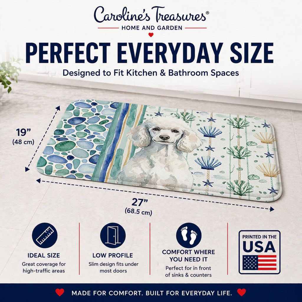 Standard White Poodle Coastal Sea Glass Memory Foam Kitchen Mat Machine Washable Anti-Fatigue Cushion Comfort Bath or Kitchen Rug