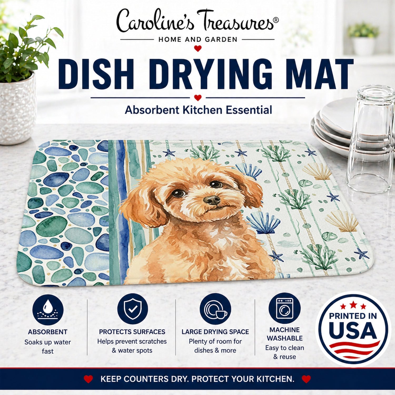 Toy Apricot Poodle Coastal Sea Glass Dish Drying Mat Absorbent Dish Drying Mat Pad for Kitchen Counter Dish Drainer Mat for Countertop, 14 x 21", Multicolor