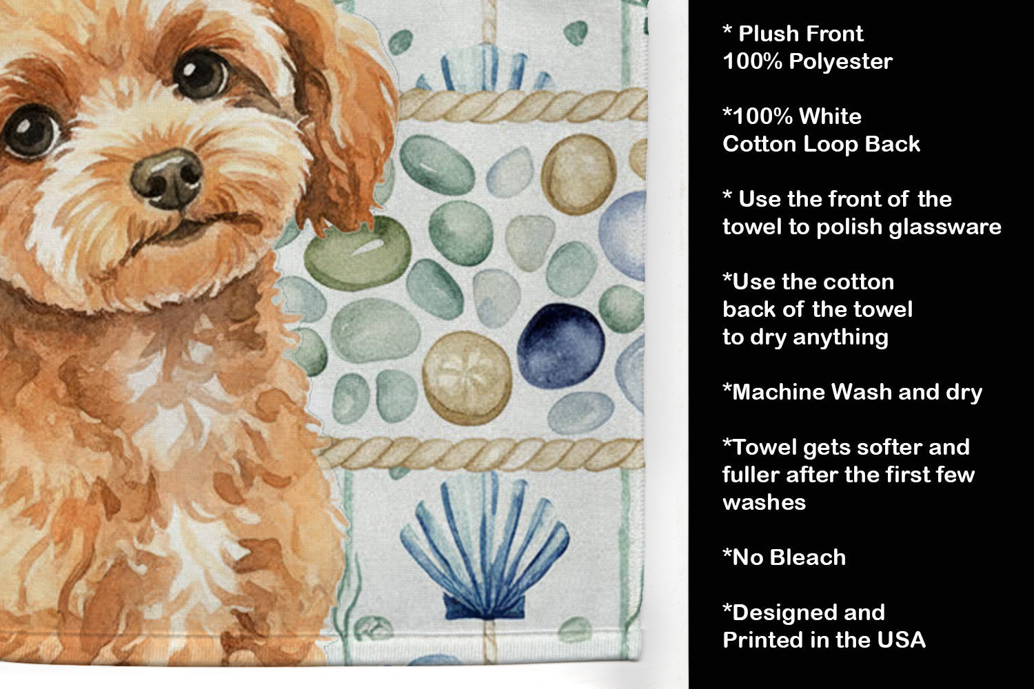 Toy Apricot Poodle Coastal Sea Glass Kitchen Towel Velour Plush Front and Cotton Loop Back Machine Washable
