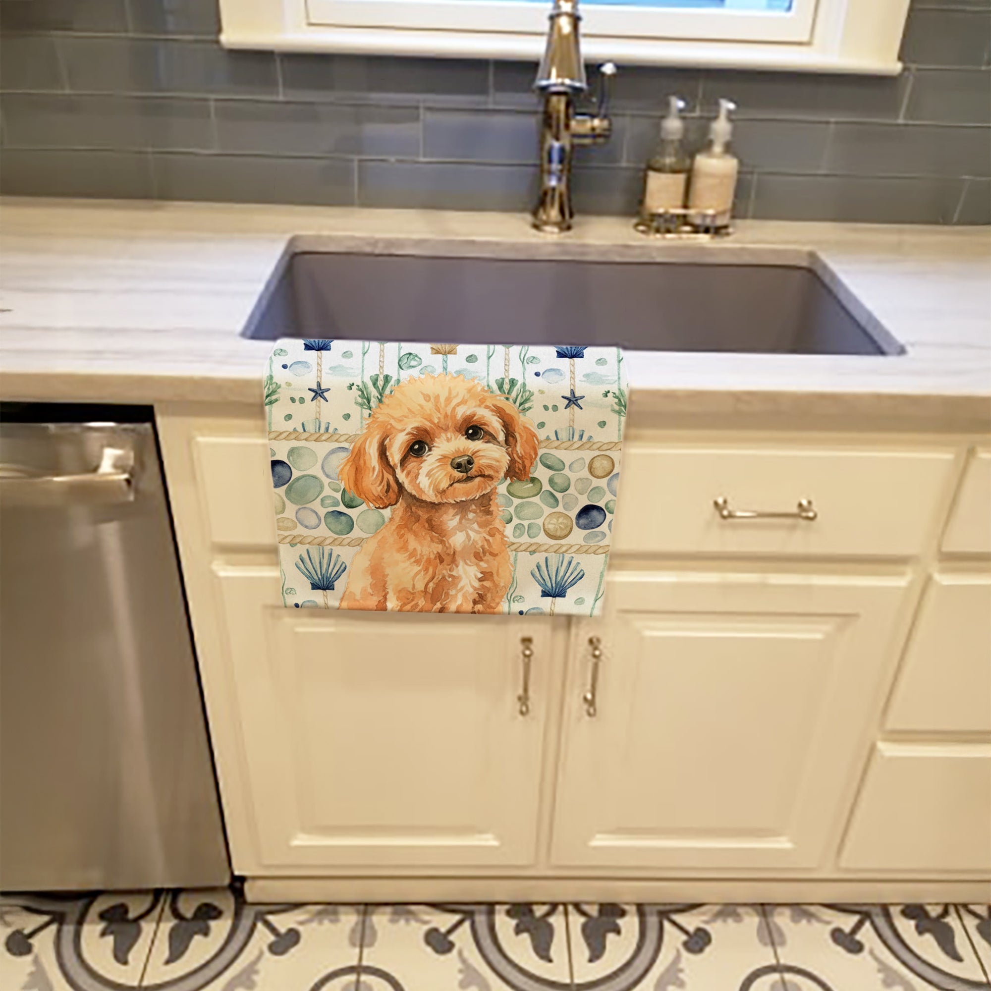 Toy Apricot Poodle Coastal Sea Glass Kitchen Towel Velour Plush Front and Cotton Loop Back Machine Washable