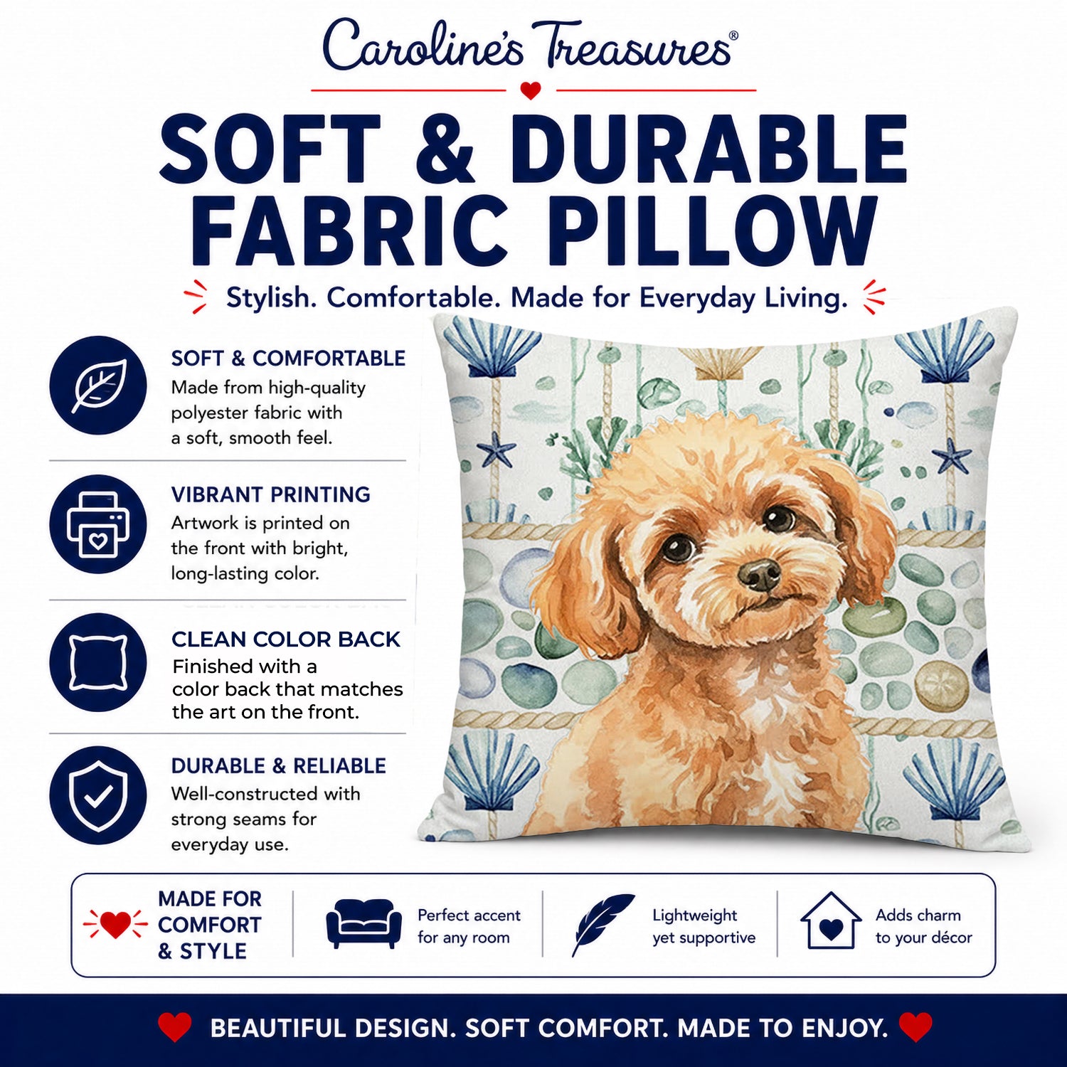 Toy Apricot Poodle Coastal Sea Glass Decorative Throw Pillow 18x18 Indoor Outdoor Accent Cushion, Fabric Cover with Insert for Sofa, Bed, Porch & Living Room