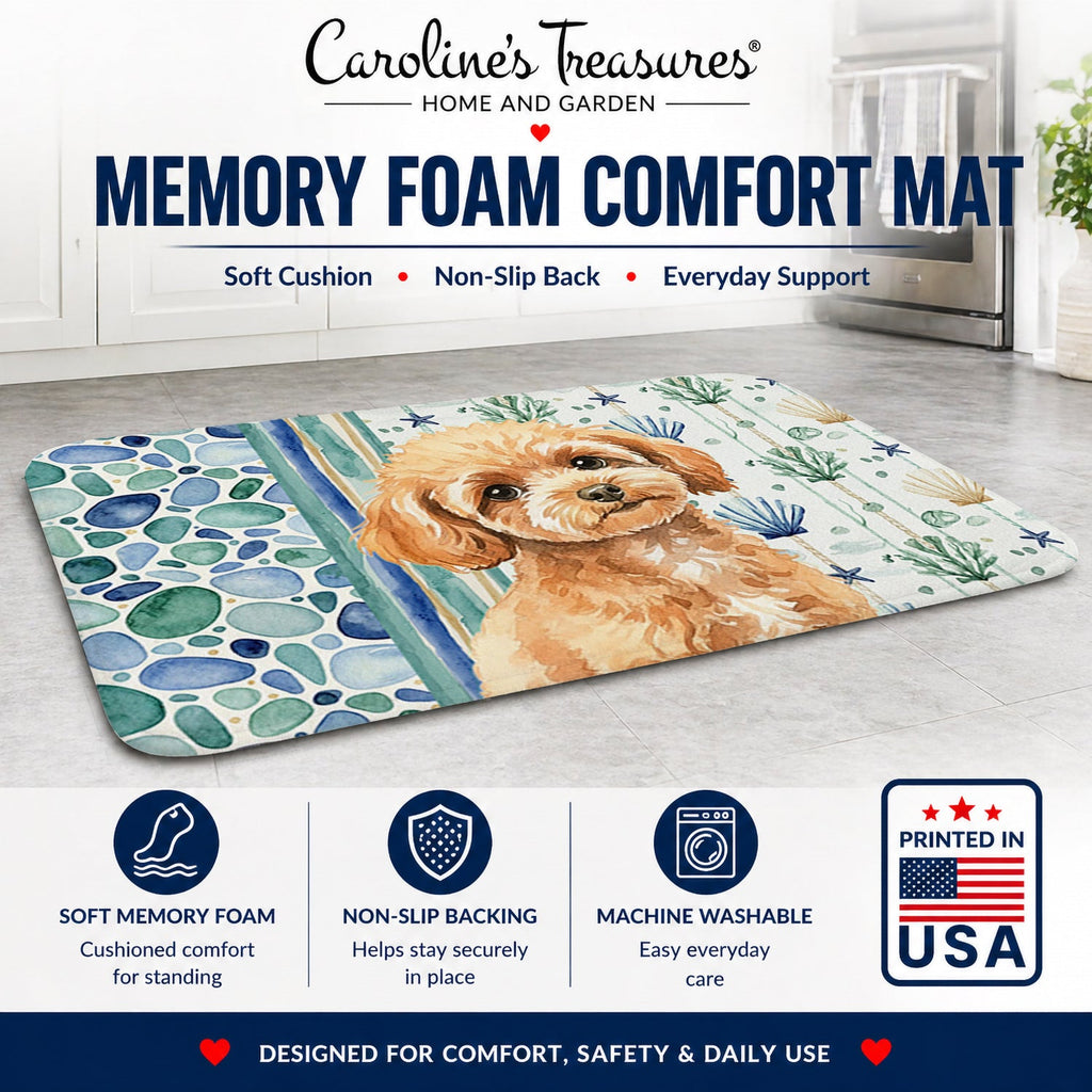 Toy Apricot Poodle Coastal Sea Glass Memory Foam Kitchen Mat Machine Washable Anti-Fatigue Cushion Comfort Bath or Kitchen Rug