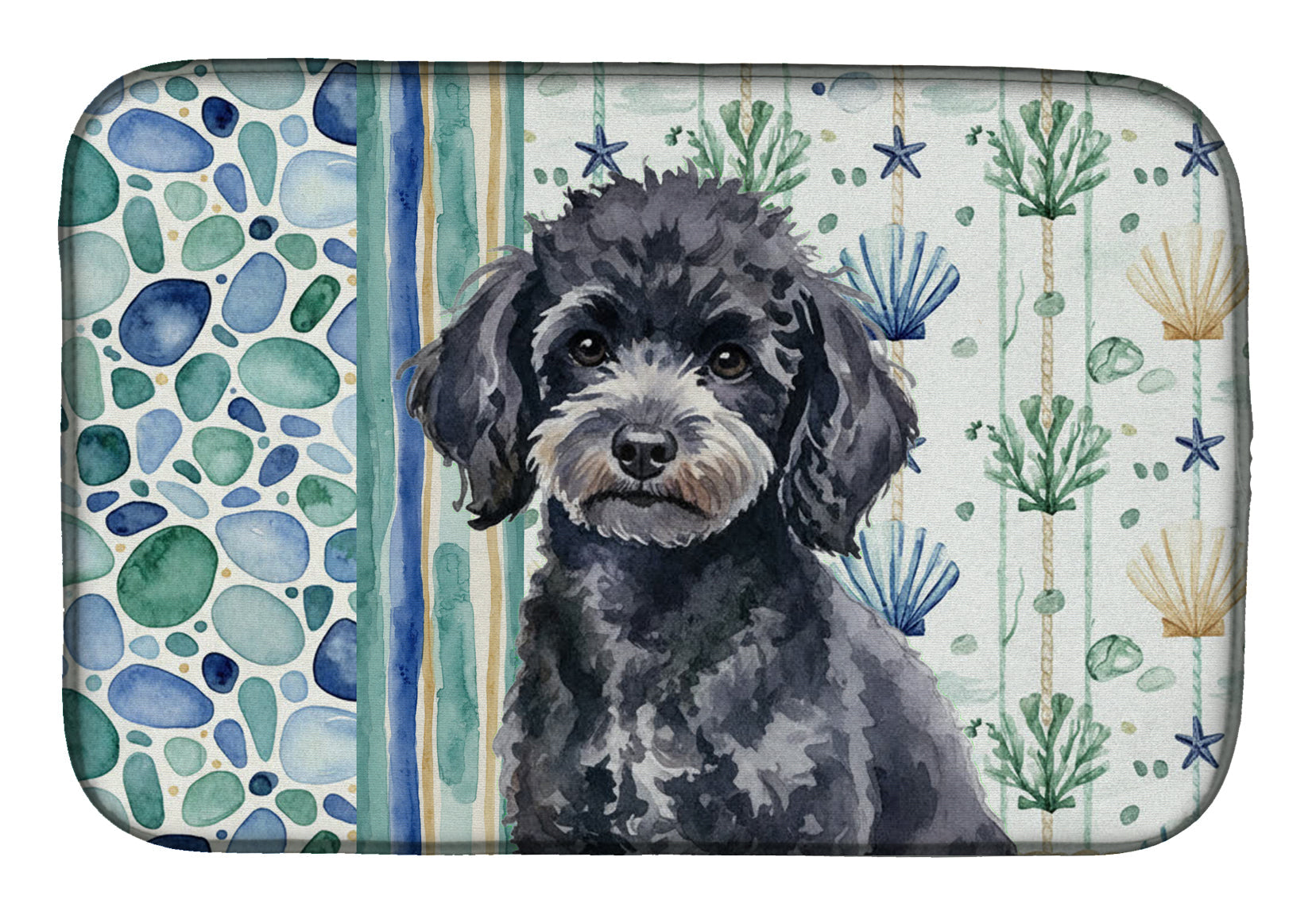 Toy Black Poodle Coastal Sea Glass Dish Drying Mat Absorbent Dish Drying Mat Pad for Kitchen Counter Dish Drainer Mat for Countertop, 14 x 21", Multicolor