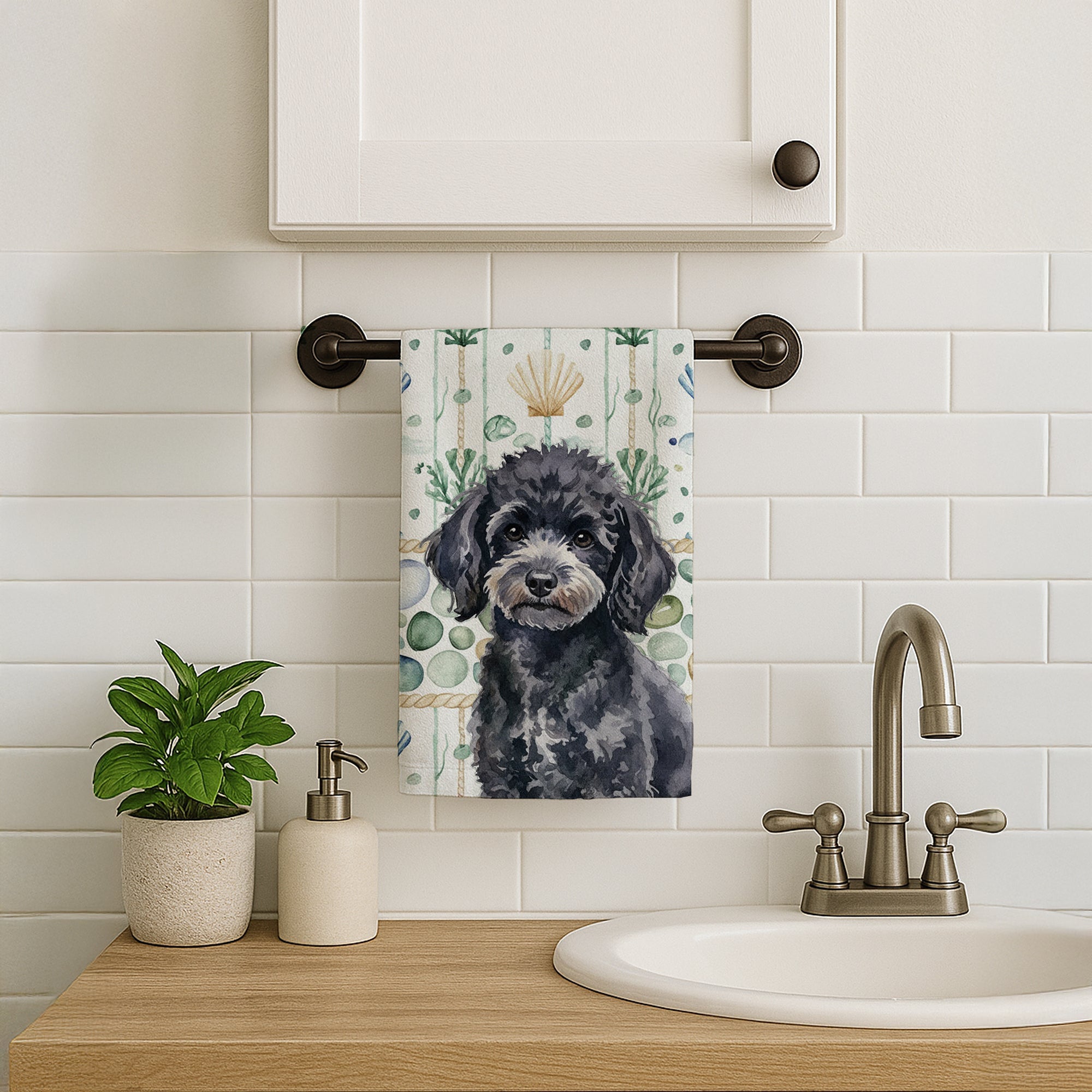 Toy Black Poodle Coastal Sea Glass Kitchen Towel Velour Plush Front and Cotton Loop Back Machine Washable