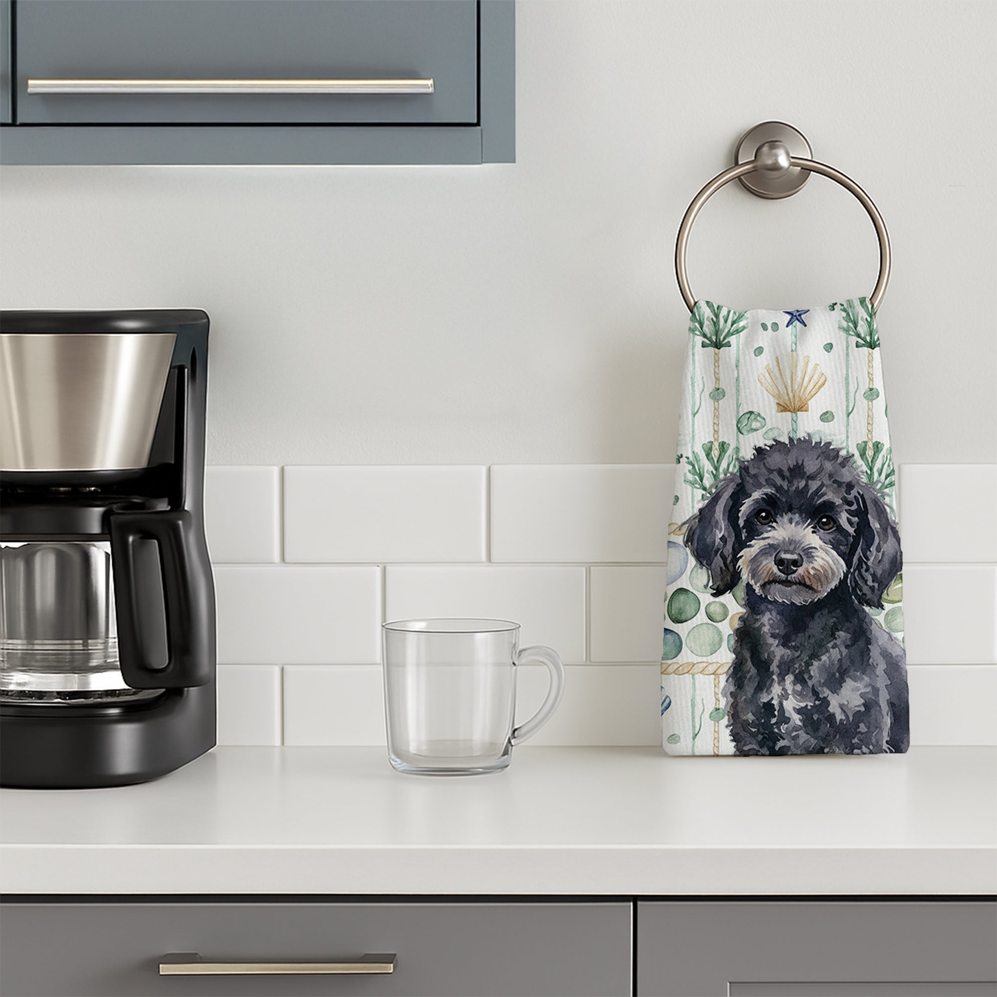 Toy Black Poodle Coastal Sea Glass Kitchen Towel Velour Plush Front and Cotton Loop Back Machine Washable