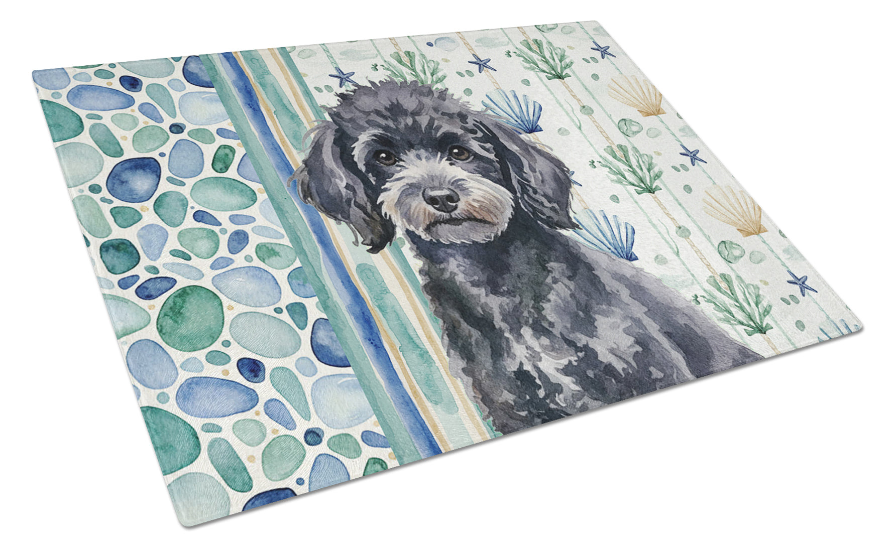 Toy Black Poodle Coastal Sea Glass Cutting Board Tempered Glass Kitchen Cutting Surface, Heat Resistant Chopping, Non-Slip Feet, Food Prep & Serving