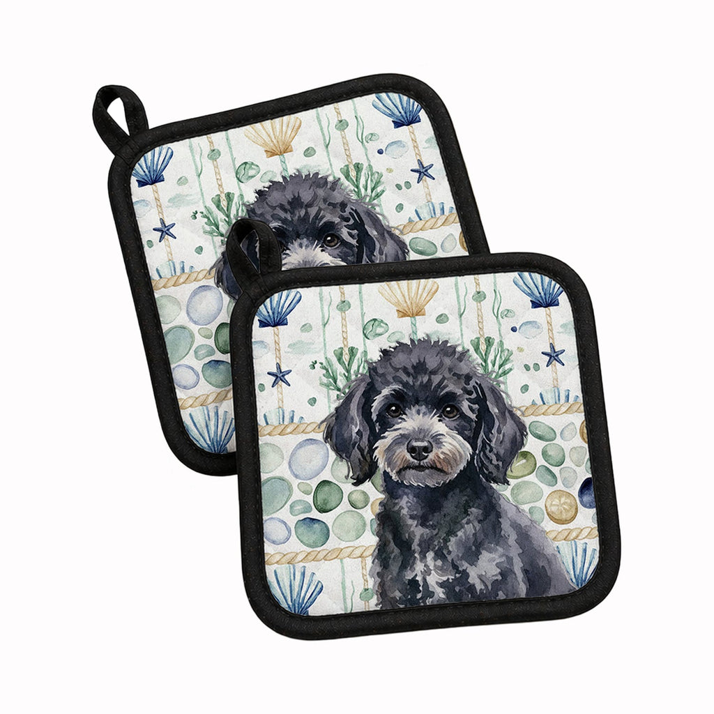 Toy Black Poodle Coastal Sea Glass Pot Holder Set of 2 Heat Resistant Quilted Hot Pads 7.5 x 7.5 Inch, Insulated Kitchen Trivets for Cooking & Baking