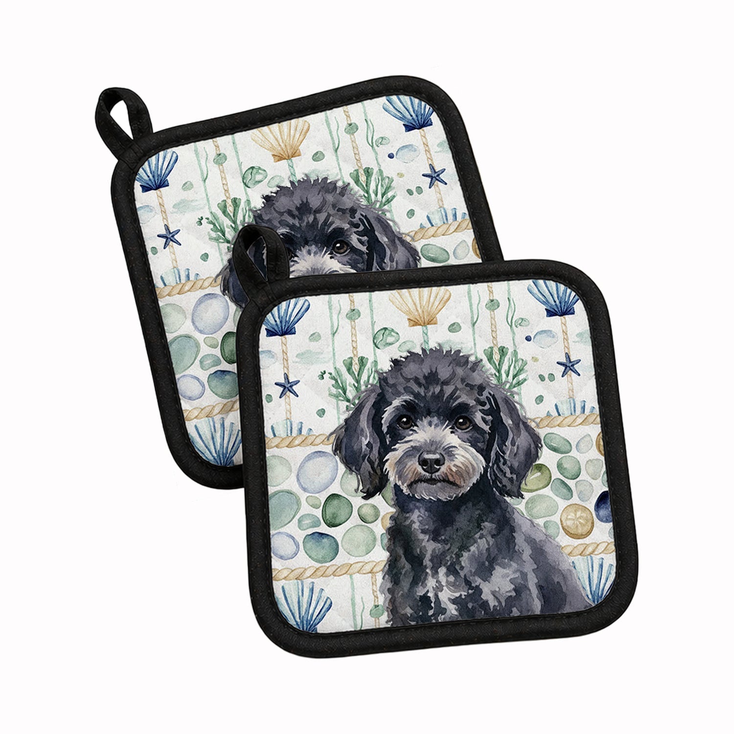 Toy Black Poodle Coastal Sea Glass Pot Holder Set of 2 Heat Resistant Quilted Hot Pads 7.5 x 7.5 Inch, Insulated Kitchen Trivets for Cooking & Baking