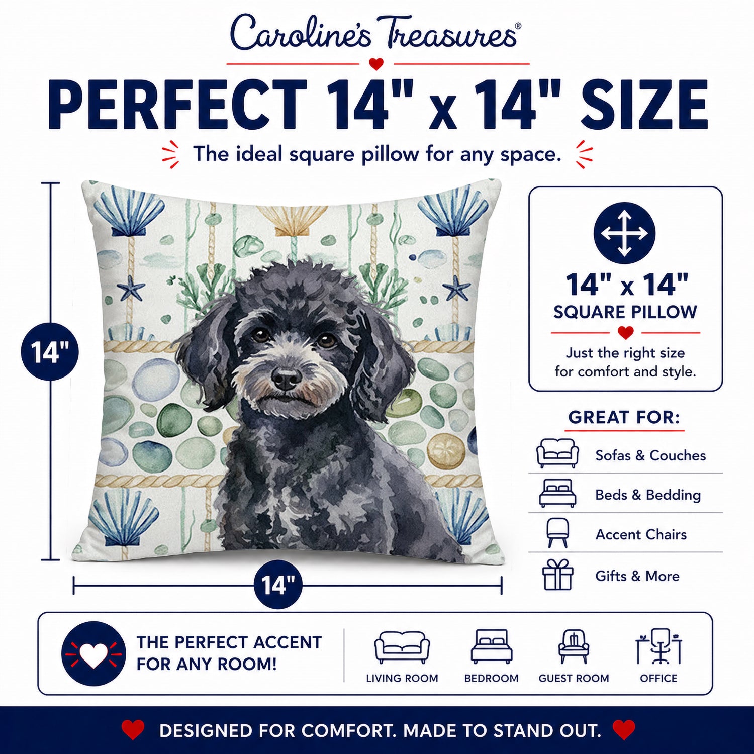 Toy Black Poodle Coastal Sea Glass Decorative Throw Pillow 14x14 Indoor Outdoor Accent Cushion, Fabric Cover with Insert for Sofa, Bed, Porch & Living Room