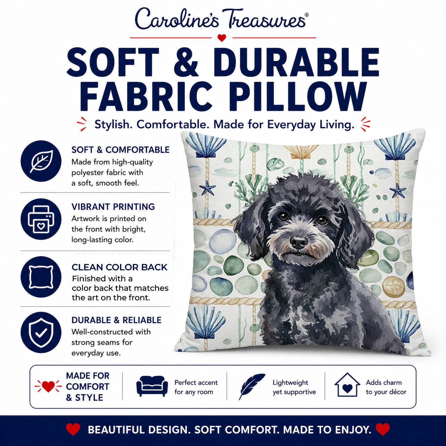 Toy Black Poodle Coastal Sea Glass Decorative Throw Pillow 18x18 Indoor Outdoor Accent Cushion, Fabric Cover with Insert for Sofa, Bed, Porch & Living Room