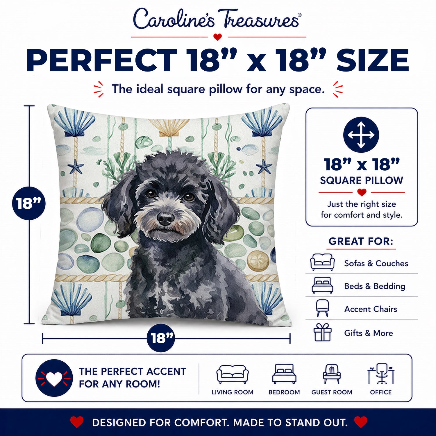 Toy Black Poodle Coastal Sea Glass Decorative Throw Pillow 18x18 Indoor Outdoor Accent Cushion, Fabric Cover with Insert for Sofa, Bed, Porch & Living Room