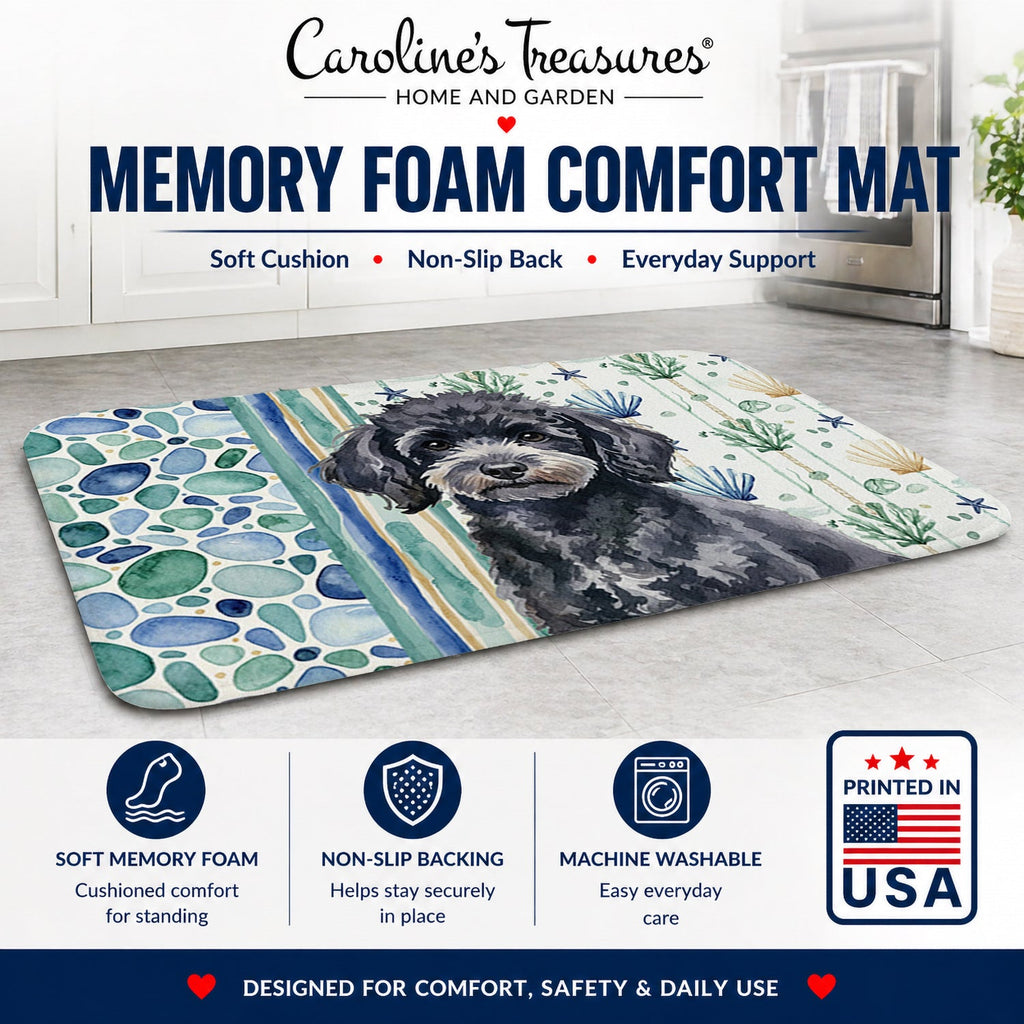 Toy Black Poodle Coastal Sea Glass Memory Foam Kitchen Mat Machine Washable Anti-Fatigue Cushion Comfort Bath or Kitchen Rug