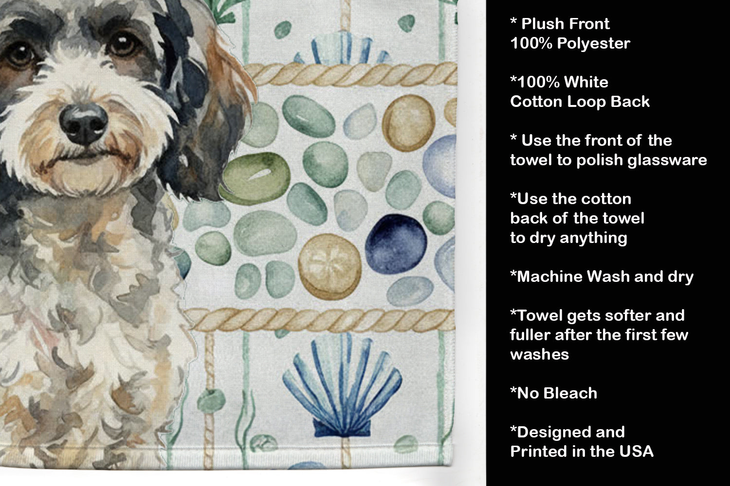 Toy Parti Poodle Coastal Sea Glass Kitchen Towel Velour Plush Front and Cotton Loop Back Machine Washable