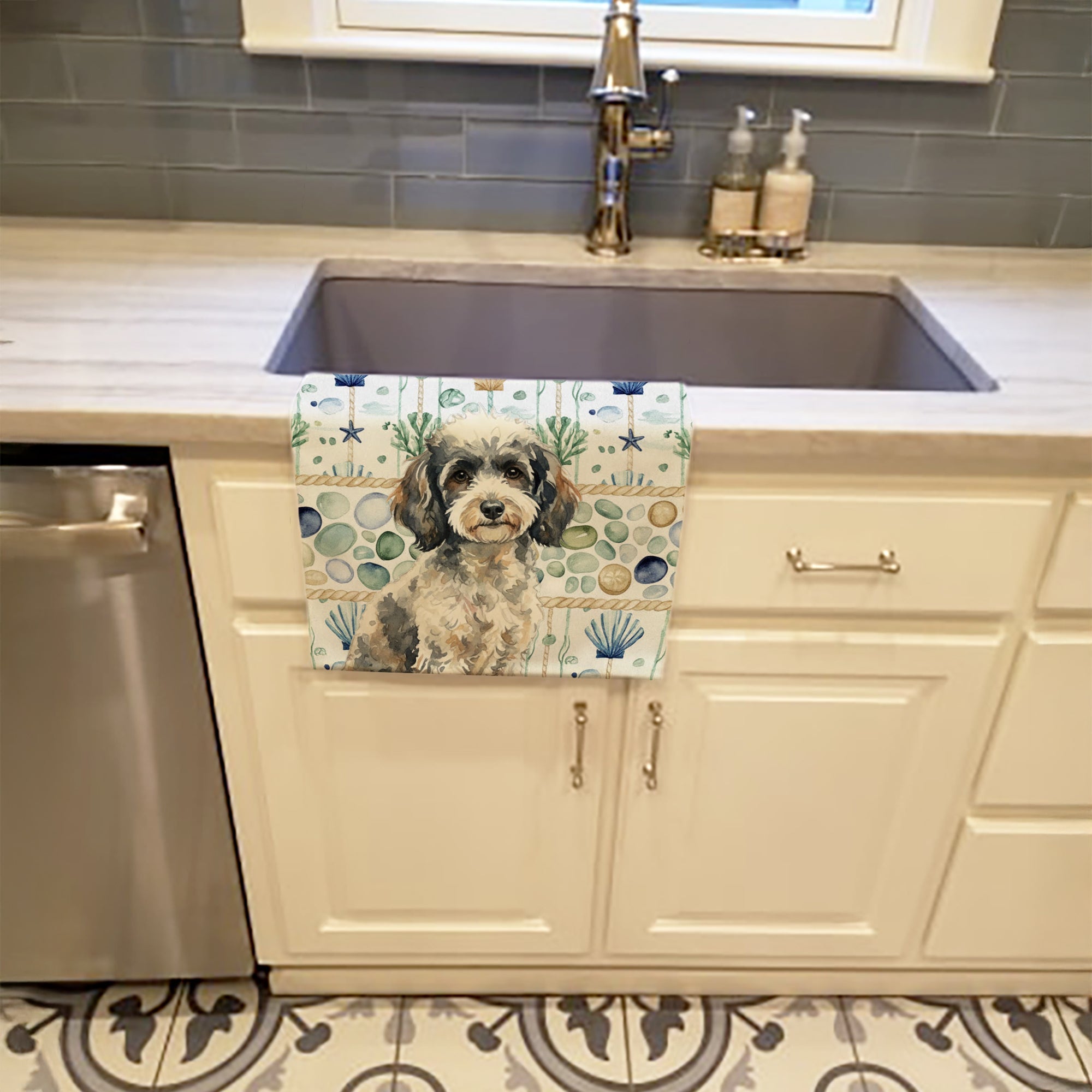 Toy Parti Poodle Coastal Sea Glass Kitchen Towel Velour Plush Front and Cotton Loop Back Machine Washable