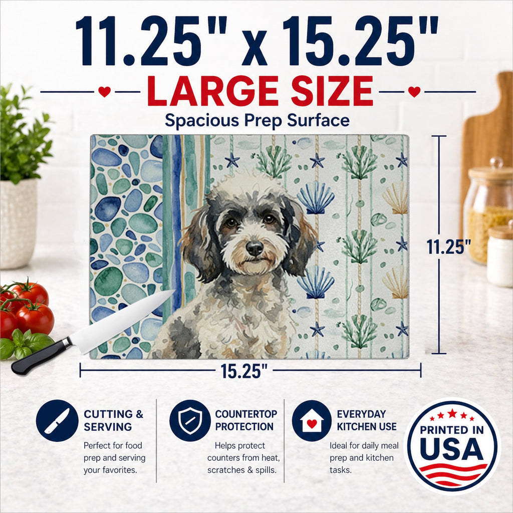 Toy Parti Poodle Coastal Sea Glass Cutting Board Tempered Glass Kitchen Cutting Surface, Heat Resistant Chopping, Non-Slip Feet, Food Prep & Serving