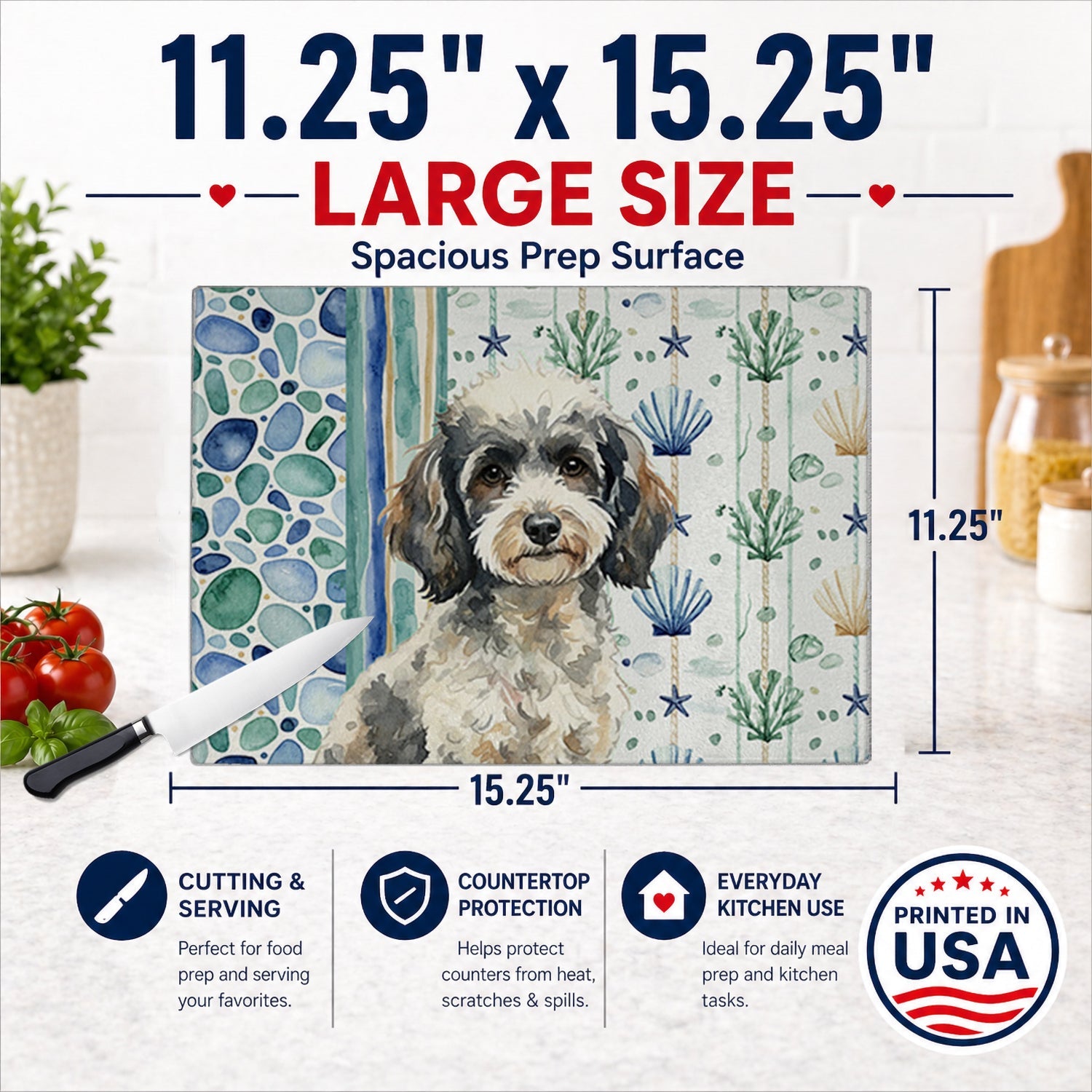 Toy Parti Poodle Coastal Sea Glass Cutting Board Tempered Glass Kitchen Cutting Surface, Heat Resistant Chopping, Non-Slip Feet, Food Prep & Serving