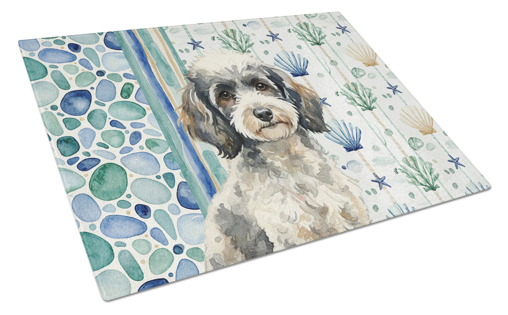 Toy Parti Poodle Coastal Sea Glass Cutting Board Tempered Glass Kitchen Cutting Surface, Heat Resistant Chopping, Non-Slip Feet, Food Prep & Serving