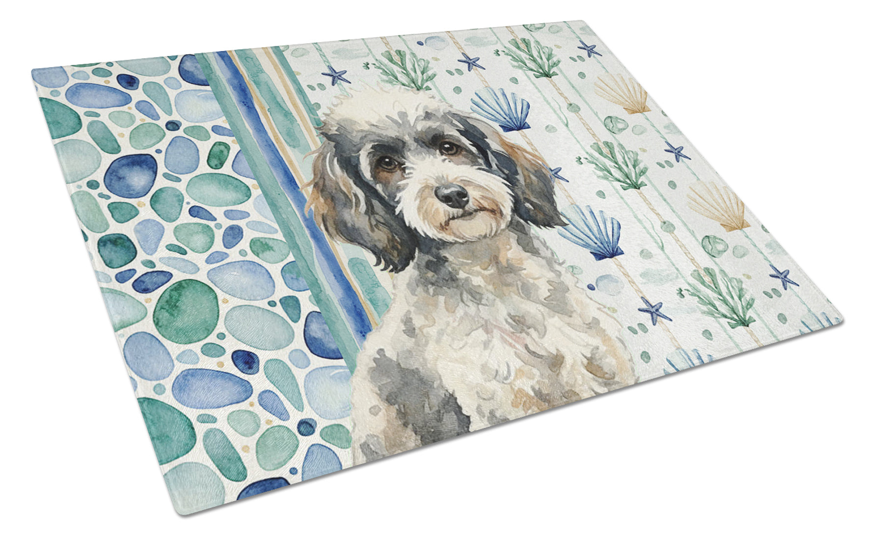 Toy Parti Poodle Coastal Sea Glass Cutting Board Tempered Glass Kitchen Cutting Surface, Heat Resistant Chopping, Non-Slip Feet, Food Prep & Serving