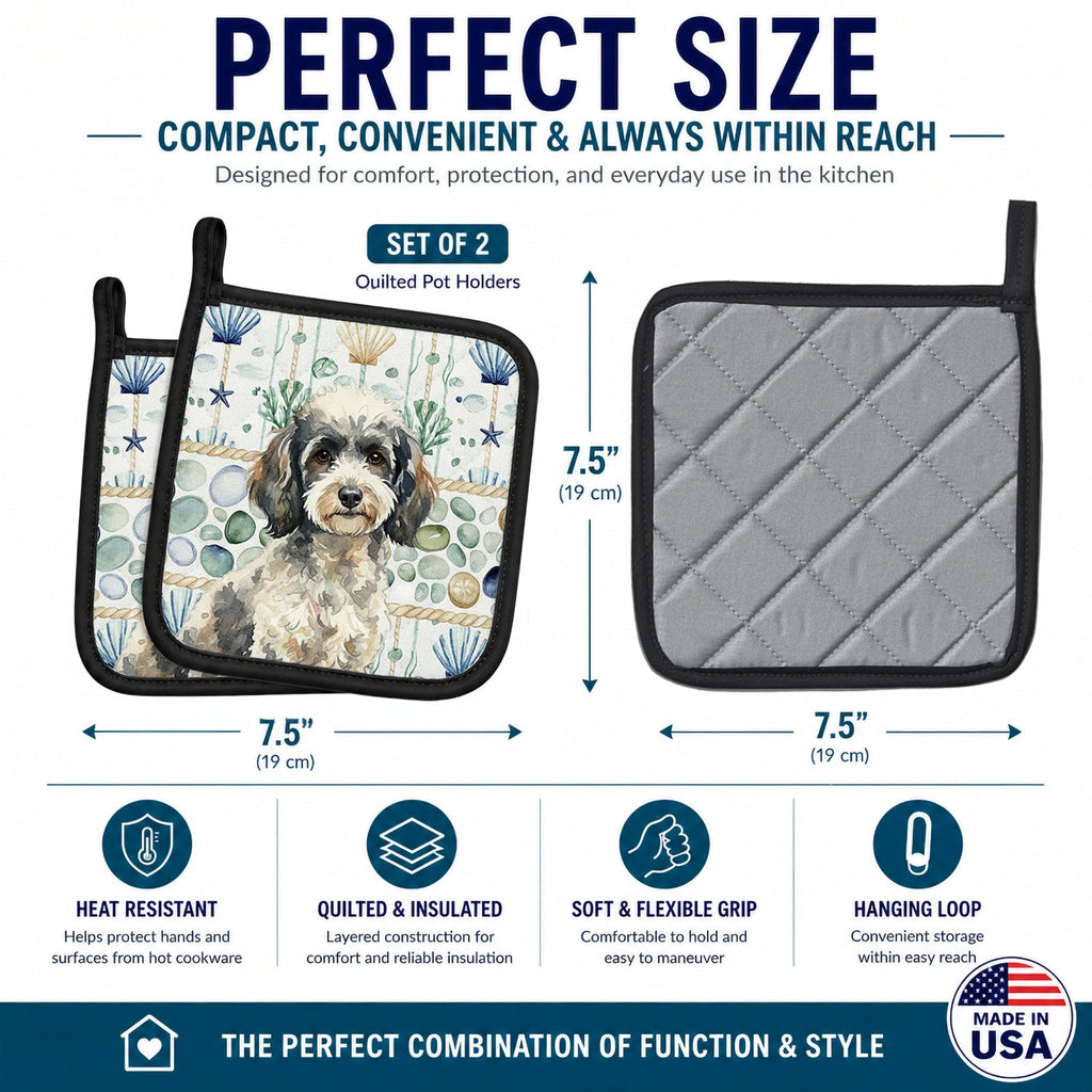 Toy Parti Poodle Coastal Sea Glass Pot Holder Set of 2 Heat Resistant Quilted Hot Pads 7.5 x 7.5 Inch, Insulated Kitchen Trivets for Cooking & Baking