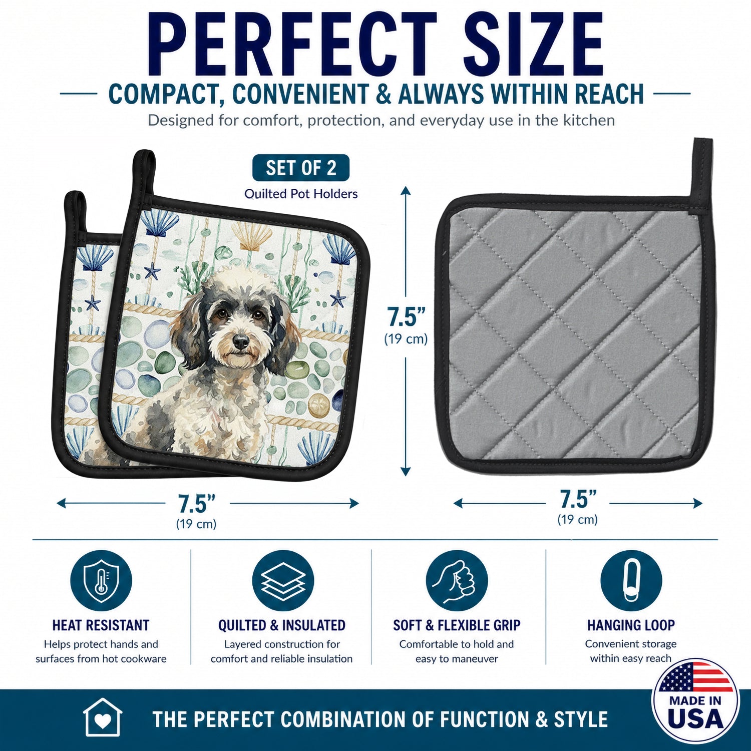 Toy Parti Poodle Coastal Sea Glass Pot Holder Set of 2 Heat Resistant Quilted Hot Pads 7.5 x 7.5 Inch, Insulated Kitchen Trivets for Cooking & Baking