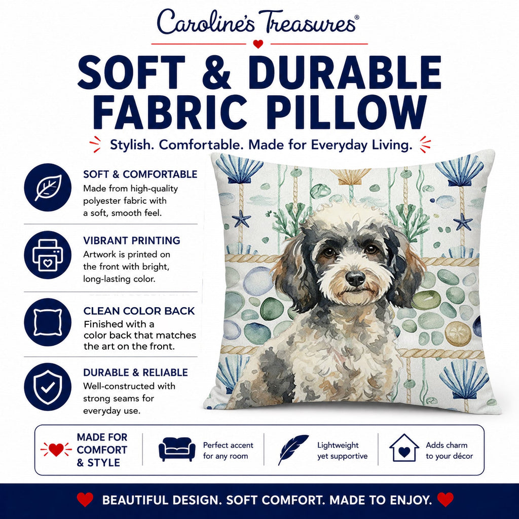 Toy Parti Poodle Coastal Sea Glass Decorative Throw Pillow 14x14 Indoor Outdoor Accent Cushion, Fabric Cover with Insert for Sofa, Bed, Porch & Living Room