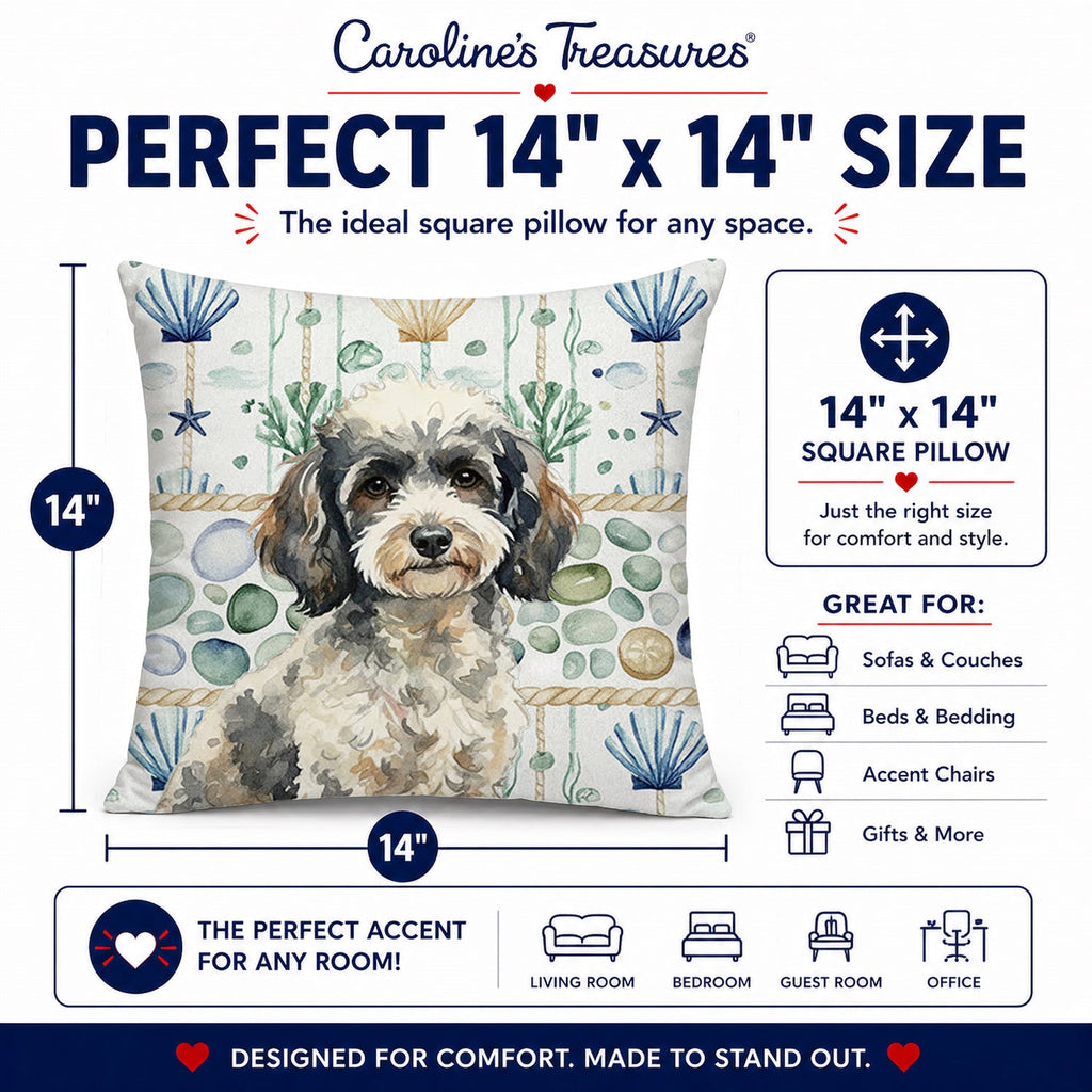 Toy Parti Poodle Coastal Sea Glass Decorative Throw Pillow 14x14 Indoor Outdoor Accent Cushion, Fabric Cover with Insert for Sofa, Bed, Porch & Living Room