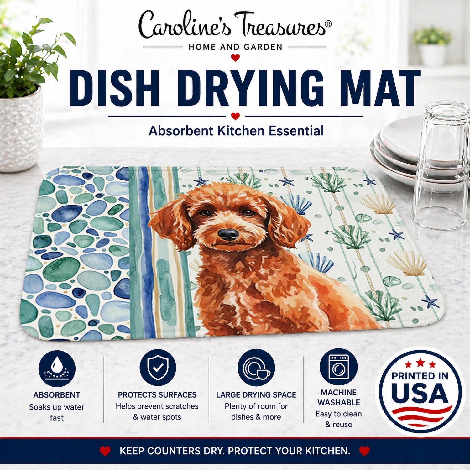 Toy Red Poodle Coastal Sea Glass Dish Drying Mat Absorbent Dish Drying Mat Pad for Kitchen Counter Dish Drainer Mat for Countertop, 14 x 21", Multicolor