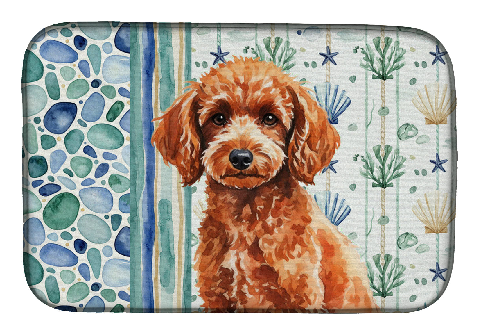 Toy Red Poodle Coastal Sea Glass Dish Drying Mat Absorbent Dish Drying Mat Pad for Kitchen Counter Dish Drainer Mat for Countertop, 14 x 21", Multicolor