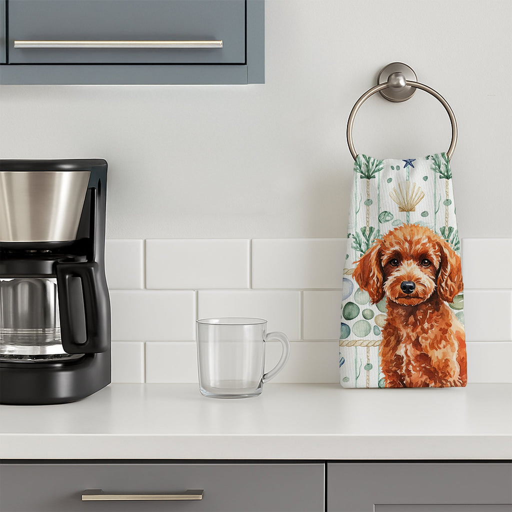 Toy Red Poodle Coastal Sea Glass Kitchen Towel Velour Plush Front and Cotton Loop Back Machine Washable