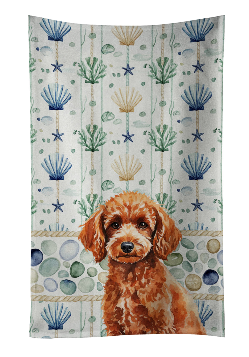 Toy Red Poodle Coastal Sea Glass Kitchen Towel Velour Plush Front and Cotton Loop Back Machine Washable