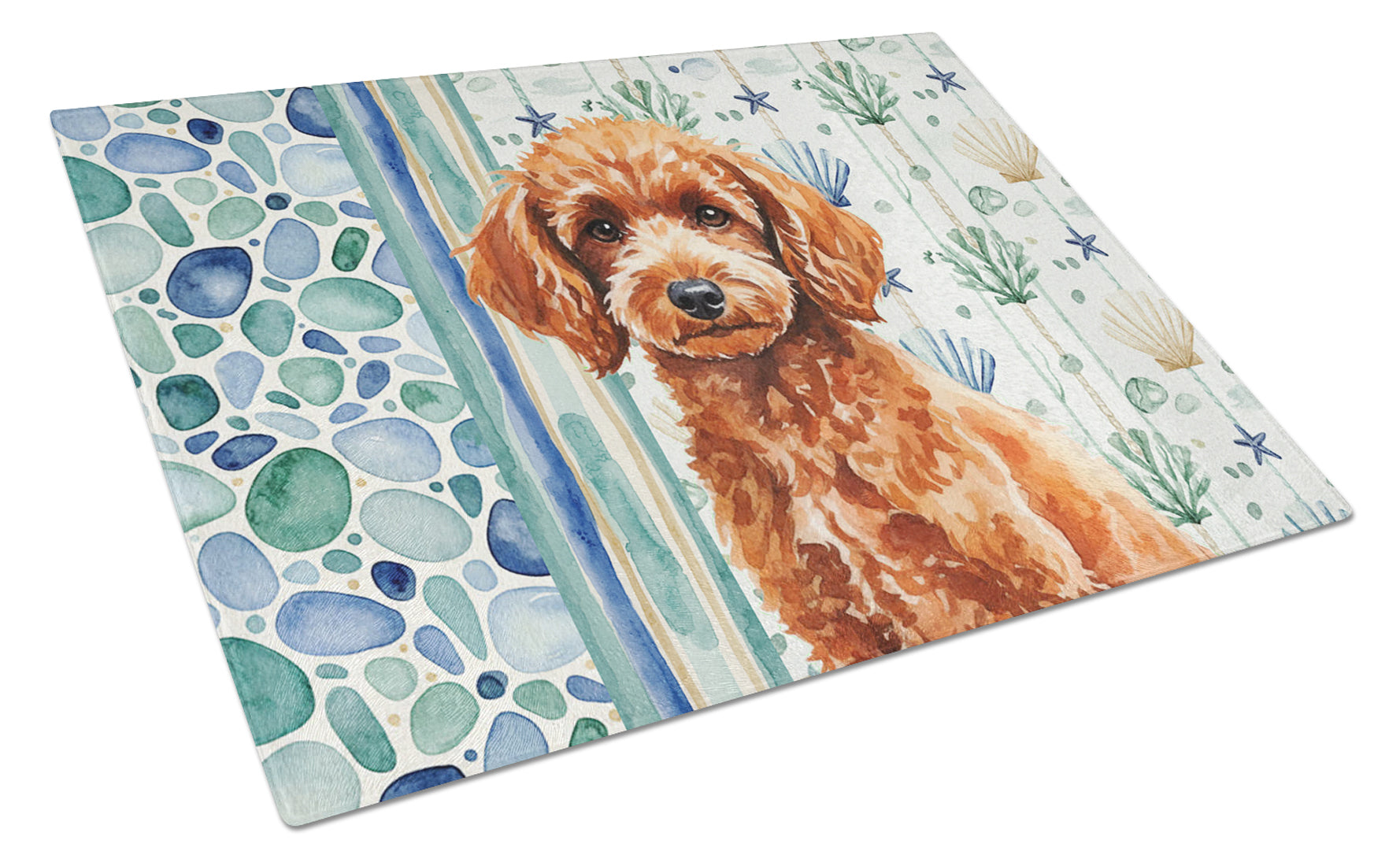 Toy Red Poodle Coastal Sea Glass Cutting Board Tempered Glass Kitchen Cutting Surface, Heat Resistant Chopping, Non-Slip Feet, Food Prep & Serving