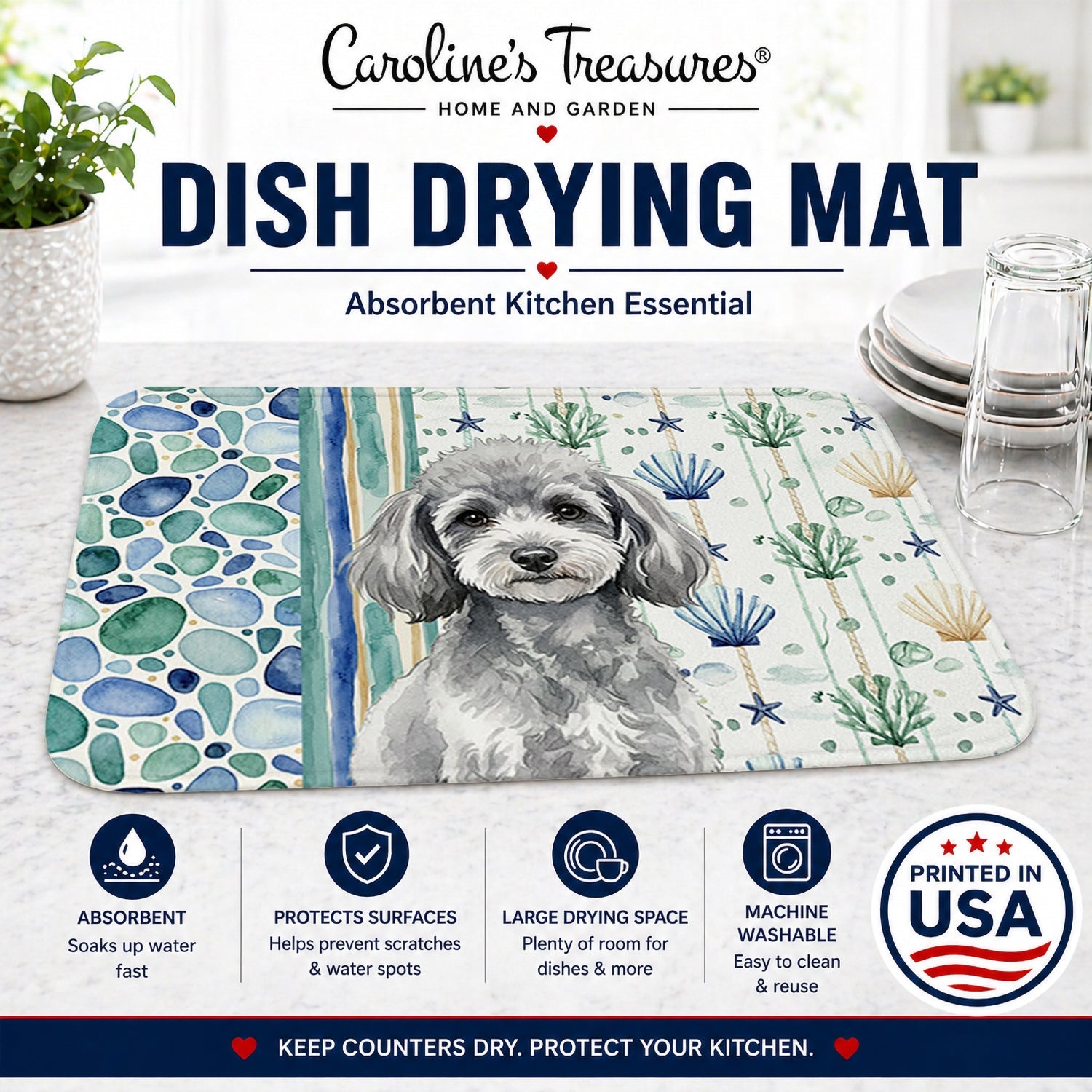 Toy Silver Poodle Coastal Sea Glass Dish Drying Mat Absorbent Dish Drying Mat Pad for Kitchen Counter Dish Drainer Mat for Countertop, 14 x 21", Multicolor