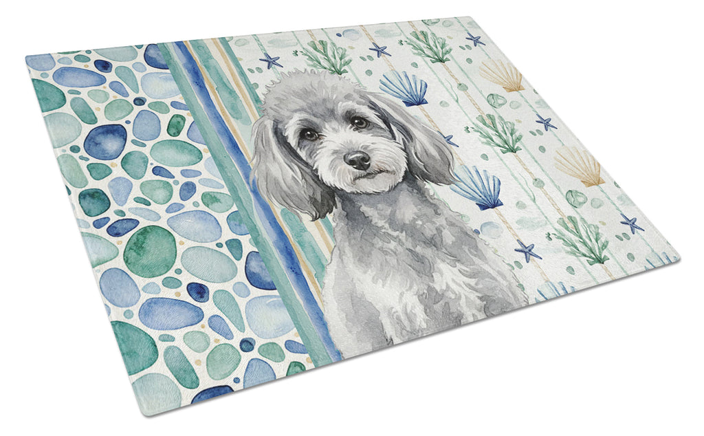 Toy Silver Poodle Coastal Sea Glass Cutting Board Tempered Glass Kitchen Cutting Surface, Heat Resistant Chopping, Non-Slip Feet, Food Prep & Serving