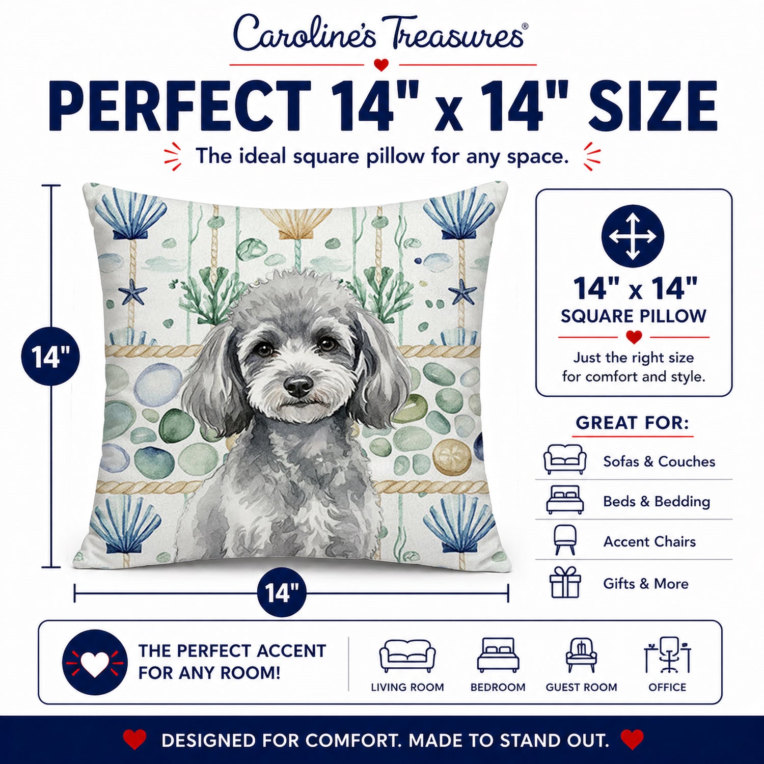 Toy Silver Poodle Coastal Sea Glass Decorative Throw Pillow 14x14 Indoor Outdoor Accent Cushion, Fabric Cover with Insert for Sofa, Bed, Porch & Living Room
