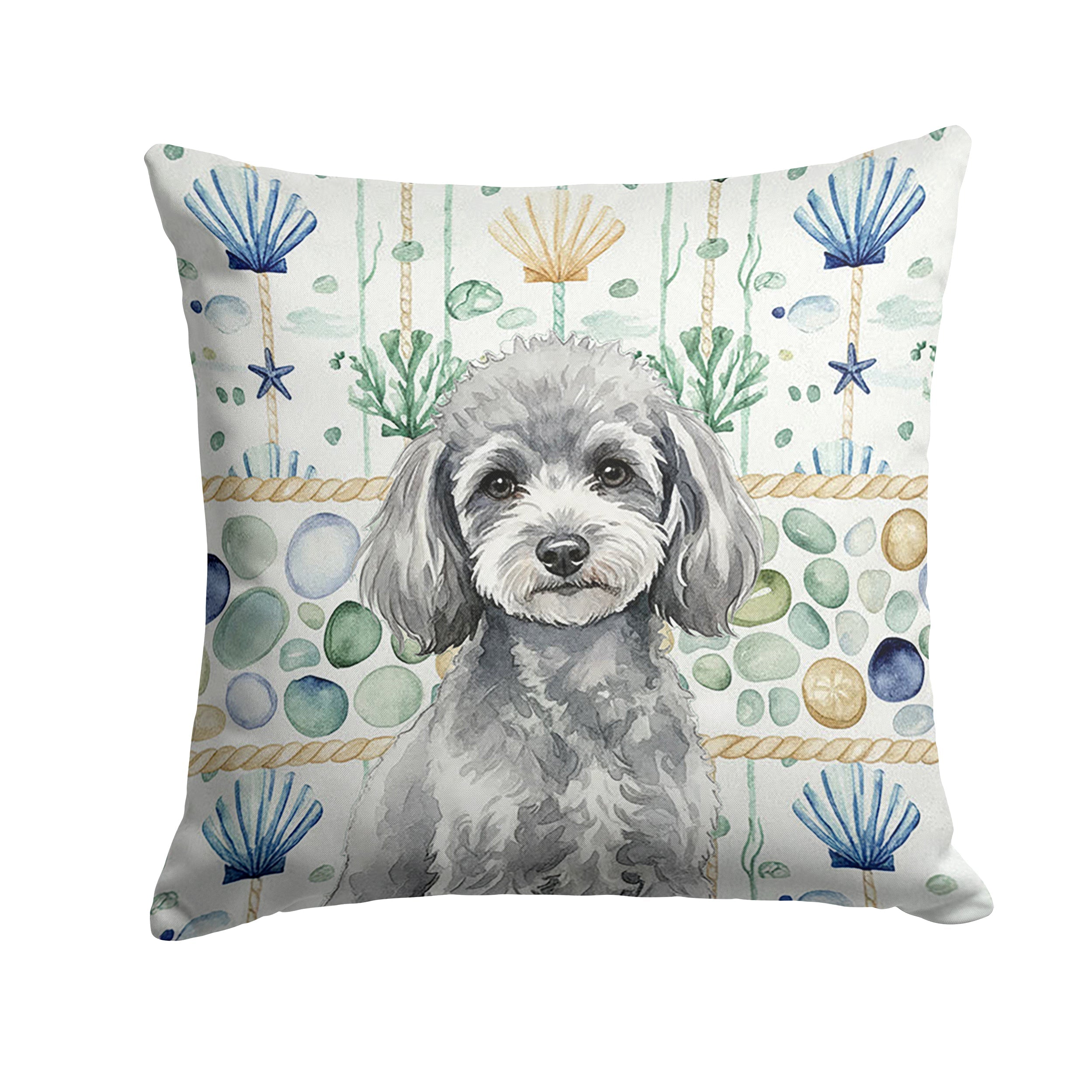 Toy Silver Poodle Coastal Sea Glass Decorative Throw Pillow 14x14 Indoor Outdoor Accent Cushion, Fabric Cover with Insert for Sofa, Bed, Porch & Living Room