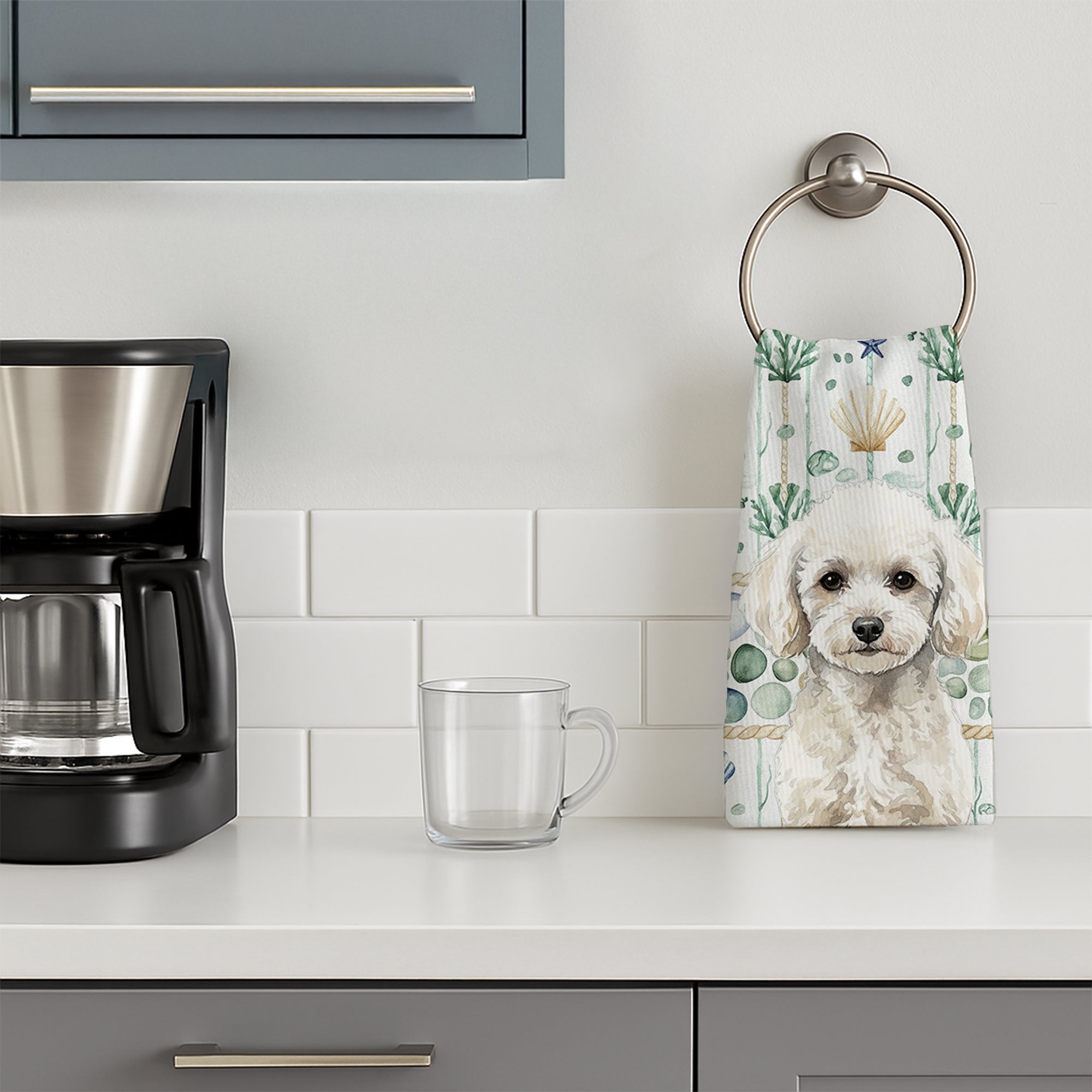 Toy White Poodle Coastal Sea Glass Kitchen Towel Velour Plush Front and Cotton Loop Back Machine Washable