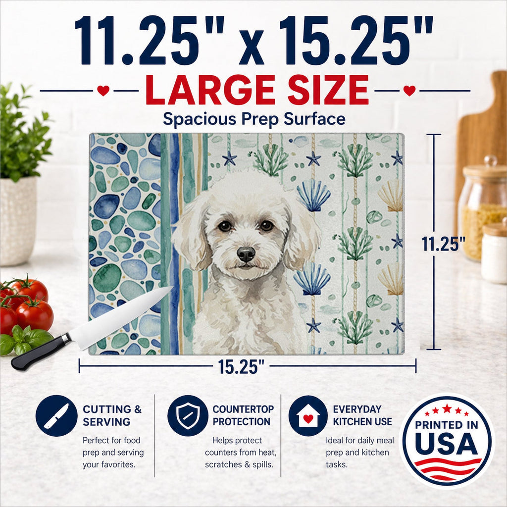 Toy White Poodle Coastal Sea Glass Cutting Board Tempered Glass Kitchen Cutting Surface, Heat Resistant Chopping, Non-Slip Feet, Food Prep & Serving