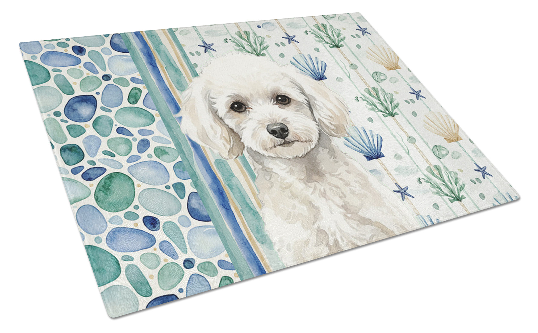 Toy White Poodle Coastal Sea Glass Cutting Board Tempered Glass Kitchen Cutting Surface, Heat Resistant Chopping, Non-Slip Feet, Food Prep & Serving