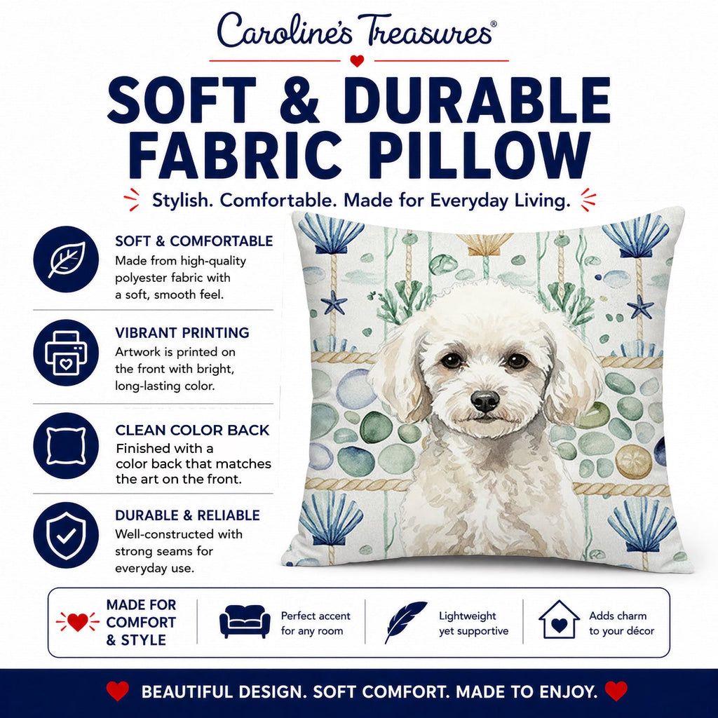 Toy White Poodle Coastal Sea Glass Decorative Throw Pillow 14x14 Indoor Outdoor Accent Cushion, Fabric Cover with Insert for Sofa, Bed, Porch & Living Room