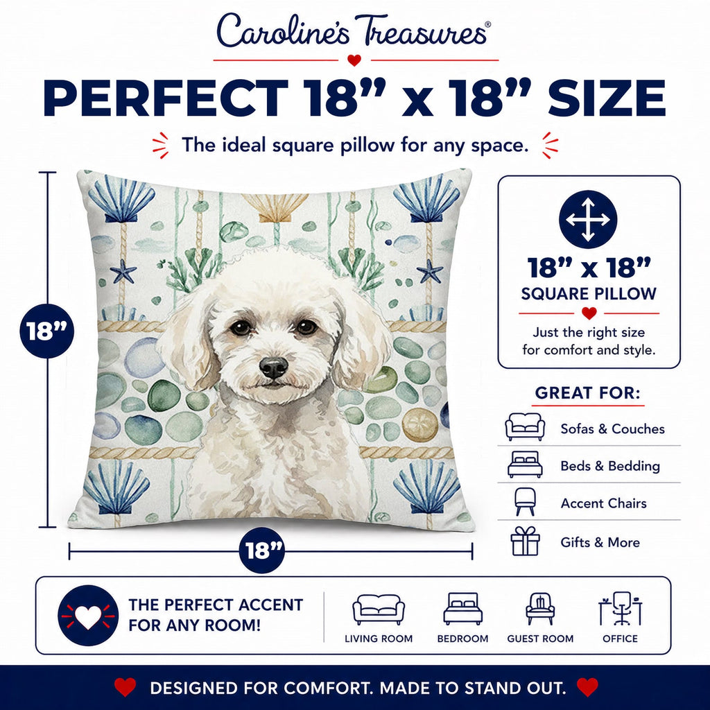 Toy White Poodle Coastal Sea Glass Decorative Throw Pillow 18x18 Indoor Outdoor Accent Cushion, Fabric Cover with Insert for Sofa, Bed, Porch & Living Room