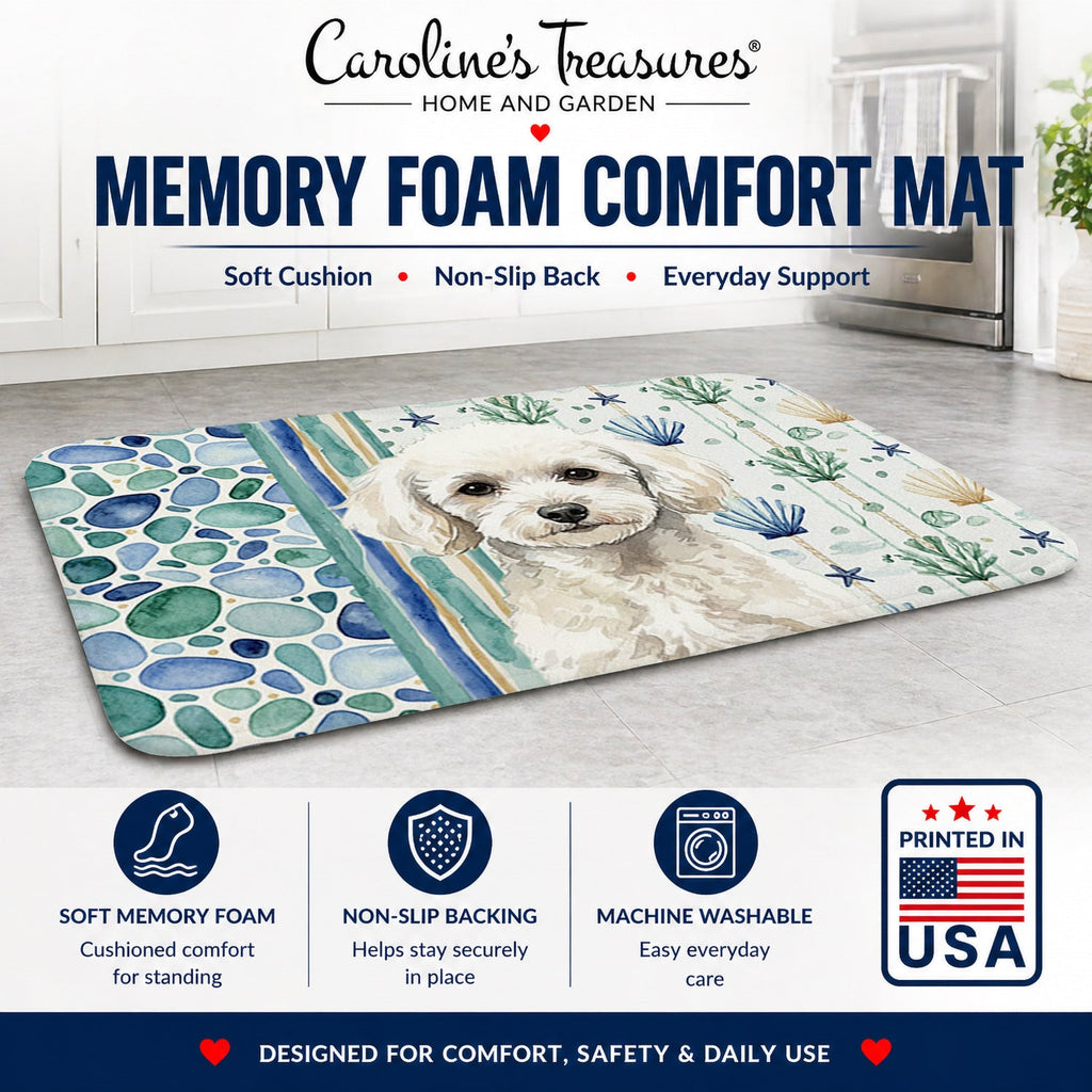 Toy White Poodle Coastal Sea Glass Memory Foam Kitchen Mat Machine Washable Anti-Fatigue Cushion Comfort Bath or Kitchen Rug