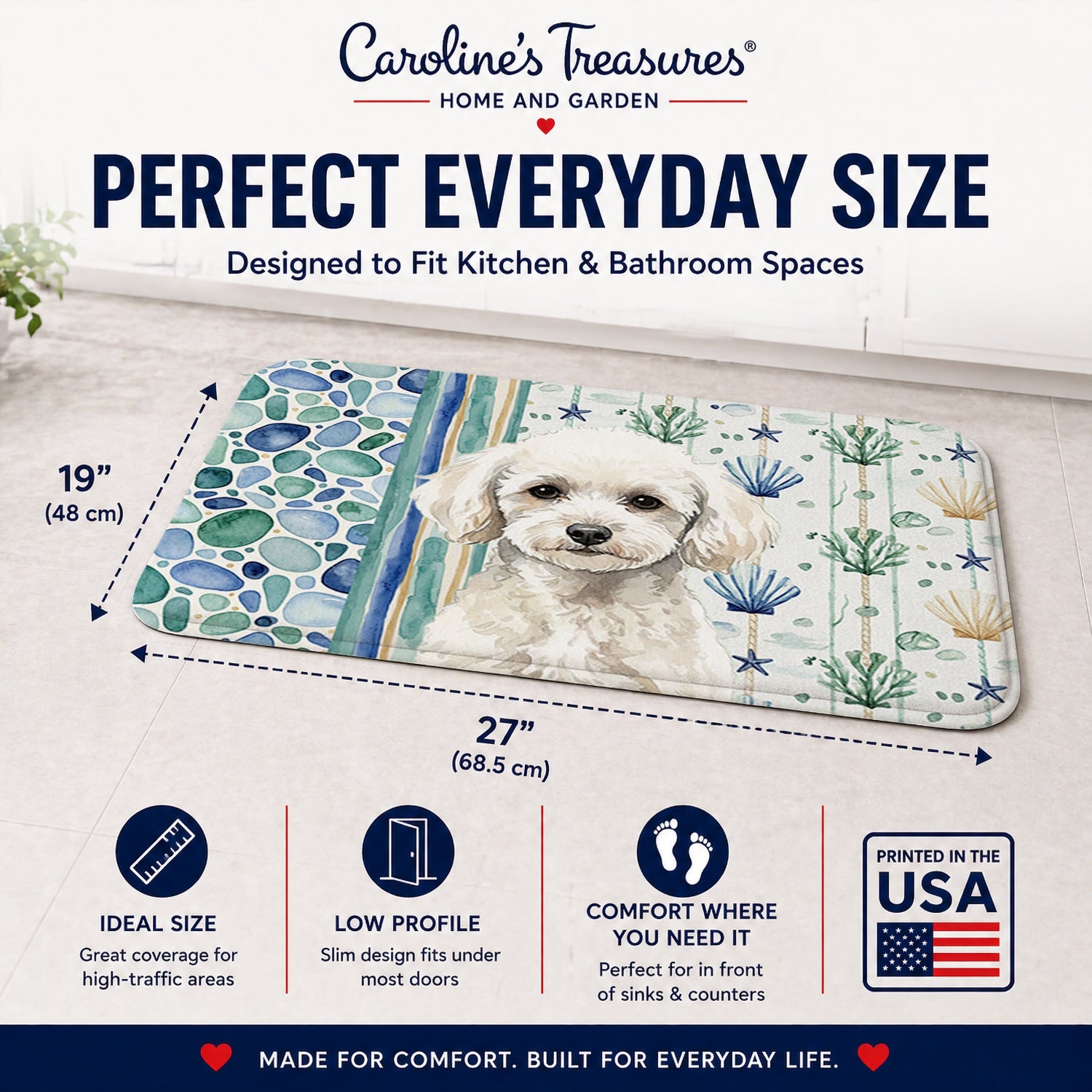 Toy White Poodle Coastal Sea Glass Memory Foam Kitchen Mat Machine Washable Anti-Fatigue Cushion Comfort Bath or Kitchen Rug