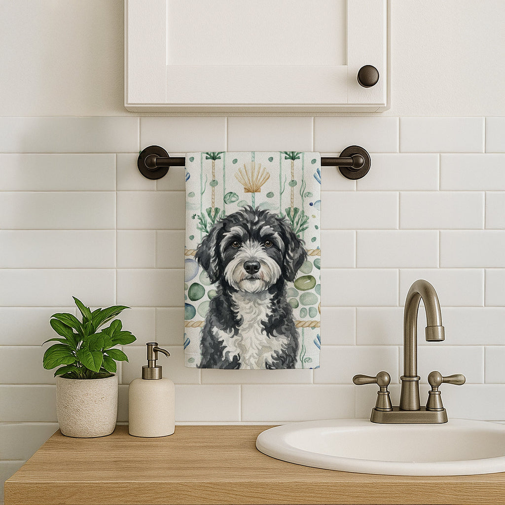 Portuguese Water Dog Coastal Sea Glass Kitchen Towel Velour Plush Front and Cotton Loop Back Machine Washable