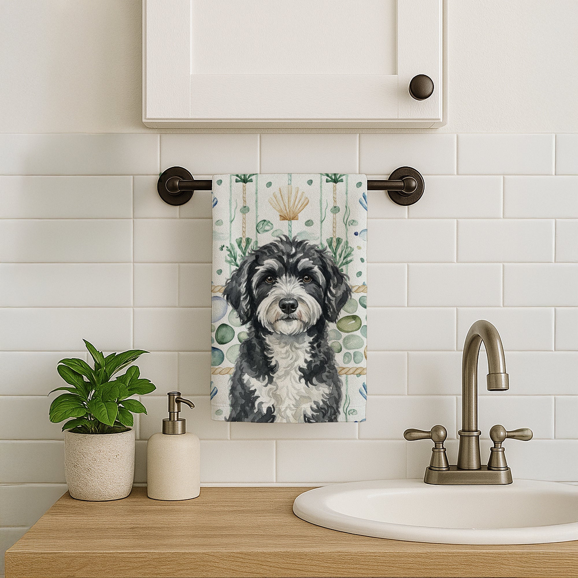 Portuguese Water Dog Coastal Sea Glass Kitchen Towel Velour Plush Front and Cotton Loop Back Machine Washable