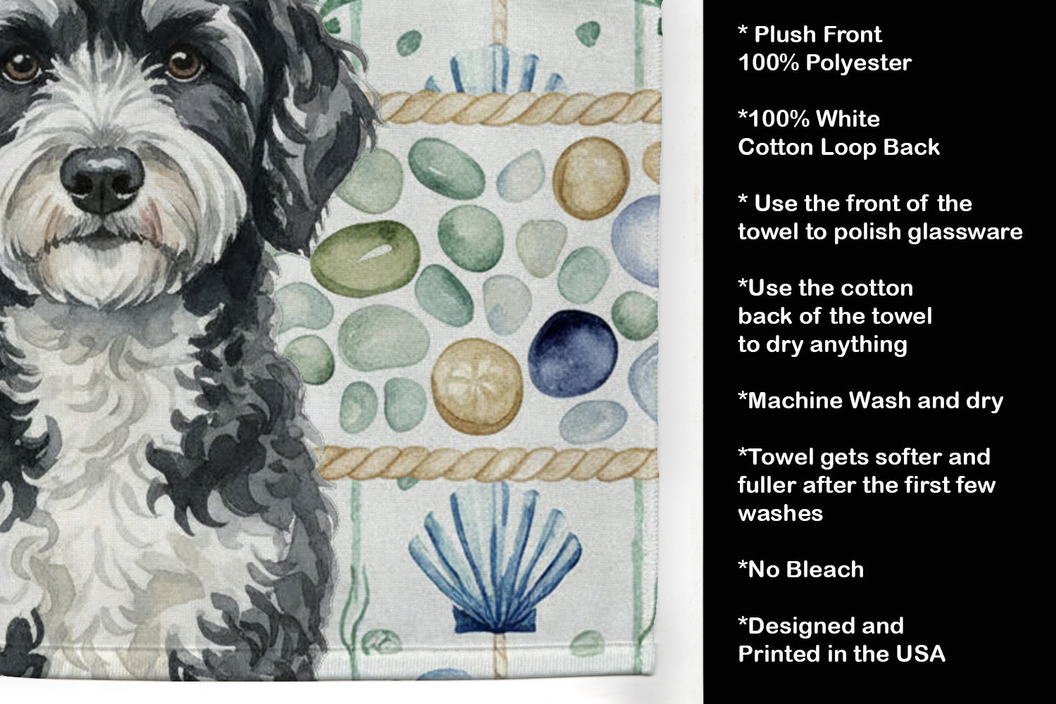 Portuguese Water Dog Coastal Sea Glass Kitchen Towel Velour Plush Front and Cotton Loop Back Machine Washable