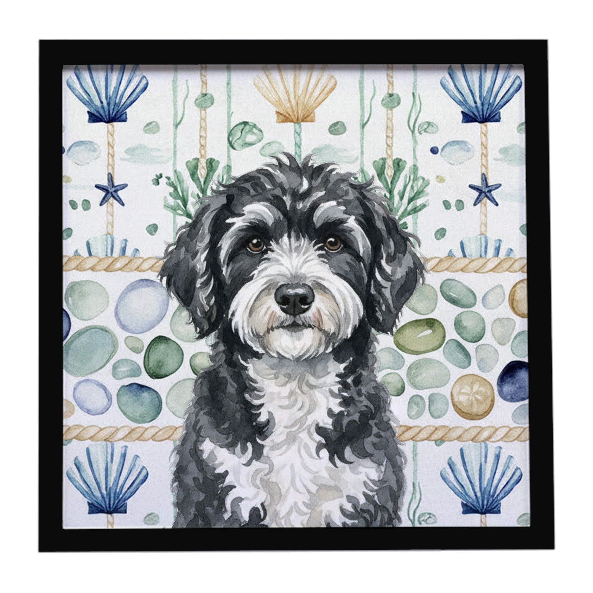 Portuguese Water Dog Coastal Sea Glass Framed Metal Print Bathroom, Kitchen, Office, Home Decor Wall Art Ready to Hang, Square, 8X8