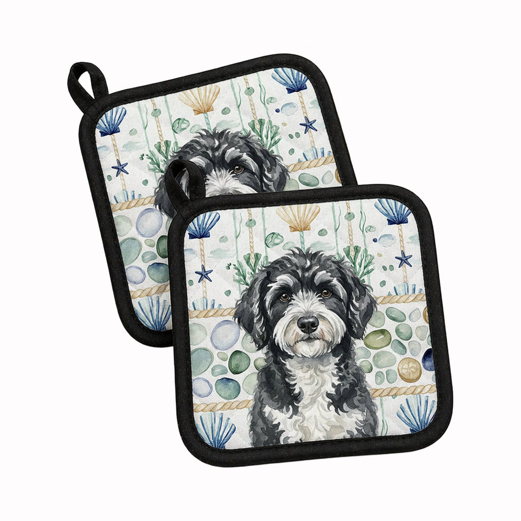 Portuguese Water Dog Coastal Sea Glass Pot Holder Set of 2 Heat Resistant Quilted Hot Pads 7.5 x 7.5 Inch, Insulated Kitchen Trivets for Cooking & Baking